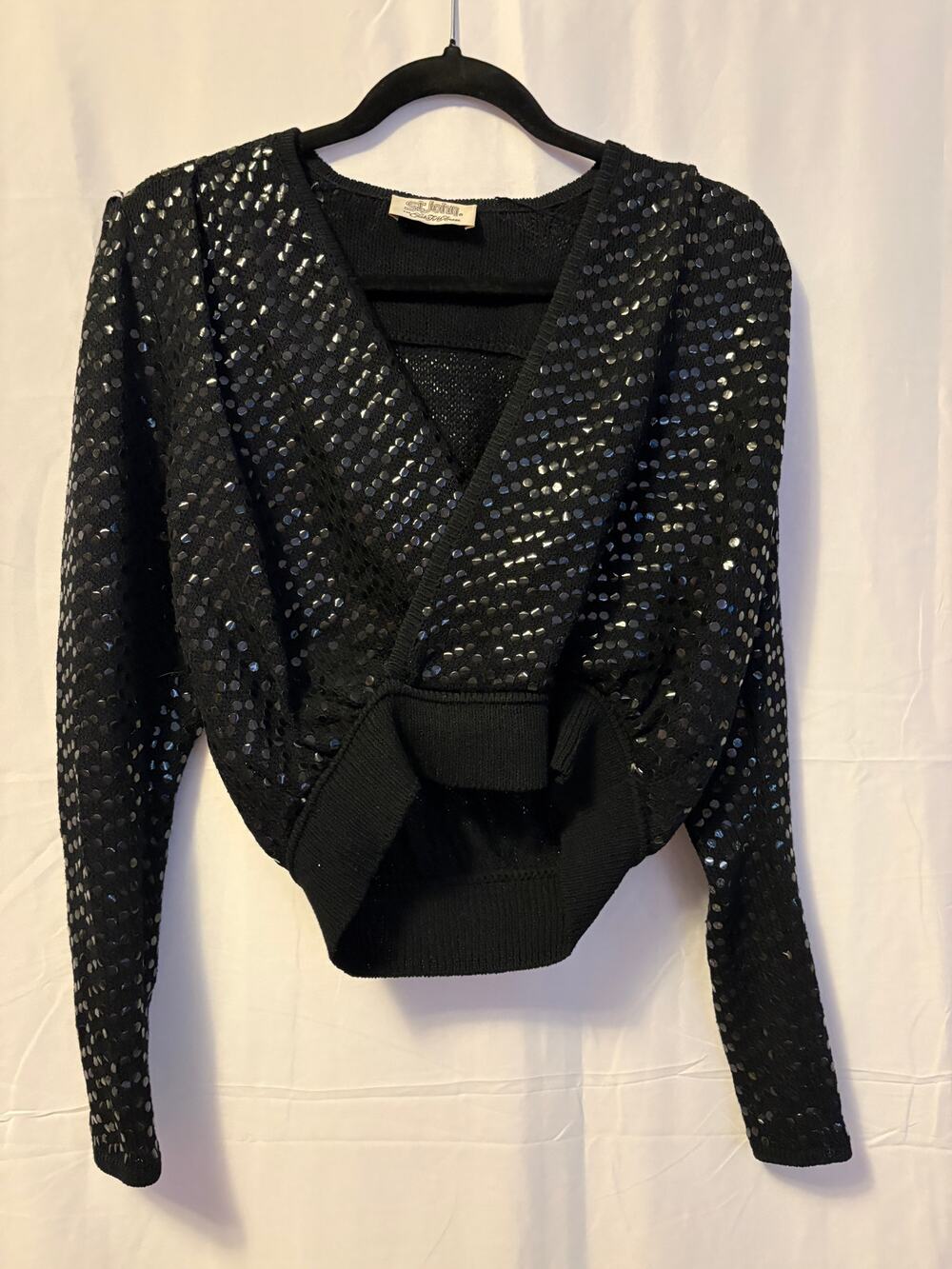 Vintage St. John Faux Wrap Sweater Black Sequin Cropped Sz S